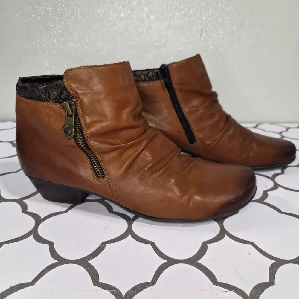 Remonte By Rieker Size 39 Womens Ruched Brown Leather Zip Up Ankle Boots Booties